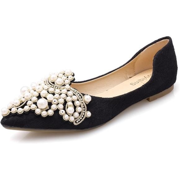 Shoes - Pearl Decoration Flat Pointed Shoes Black